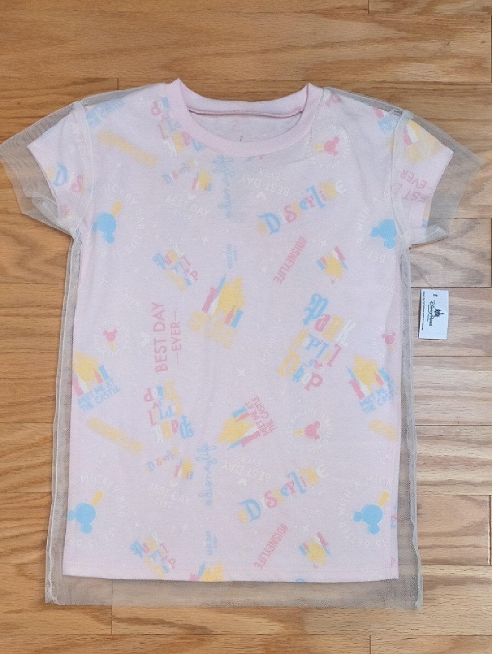 Disney Parks Pastel Pink Disney love Tee w/ Tulle Overlay Size Y-XS NWT